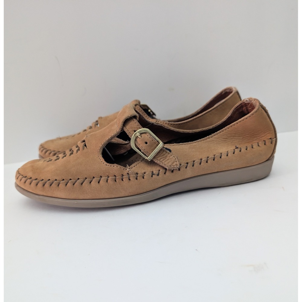 Vintage Women's Tan Leather T-Strap Dexter Flats Whipstitch 8.5 W pre-owned